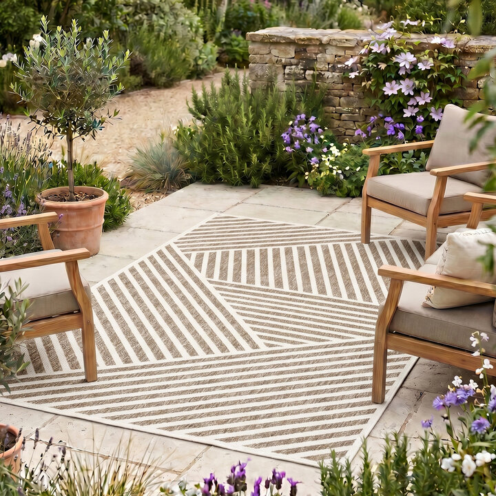 Modern binnen- en buitenkleed - Nori Lines Wit/Taupe