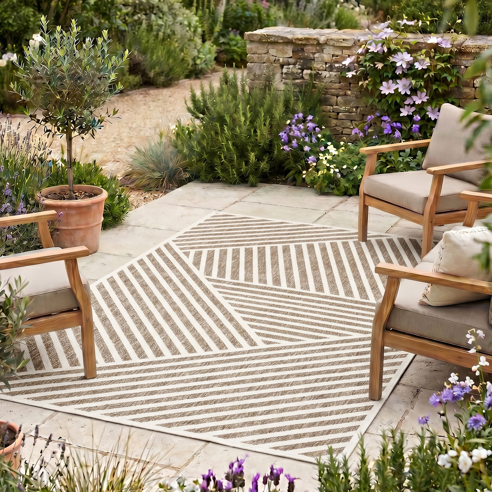 Modern binnen- en buitenkleed - Nori Lines Wit/Taupe