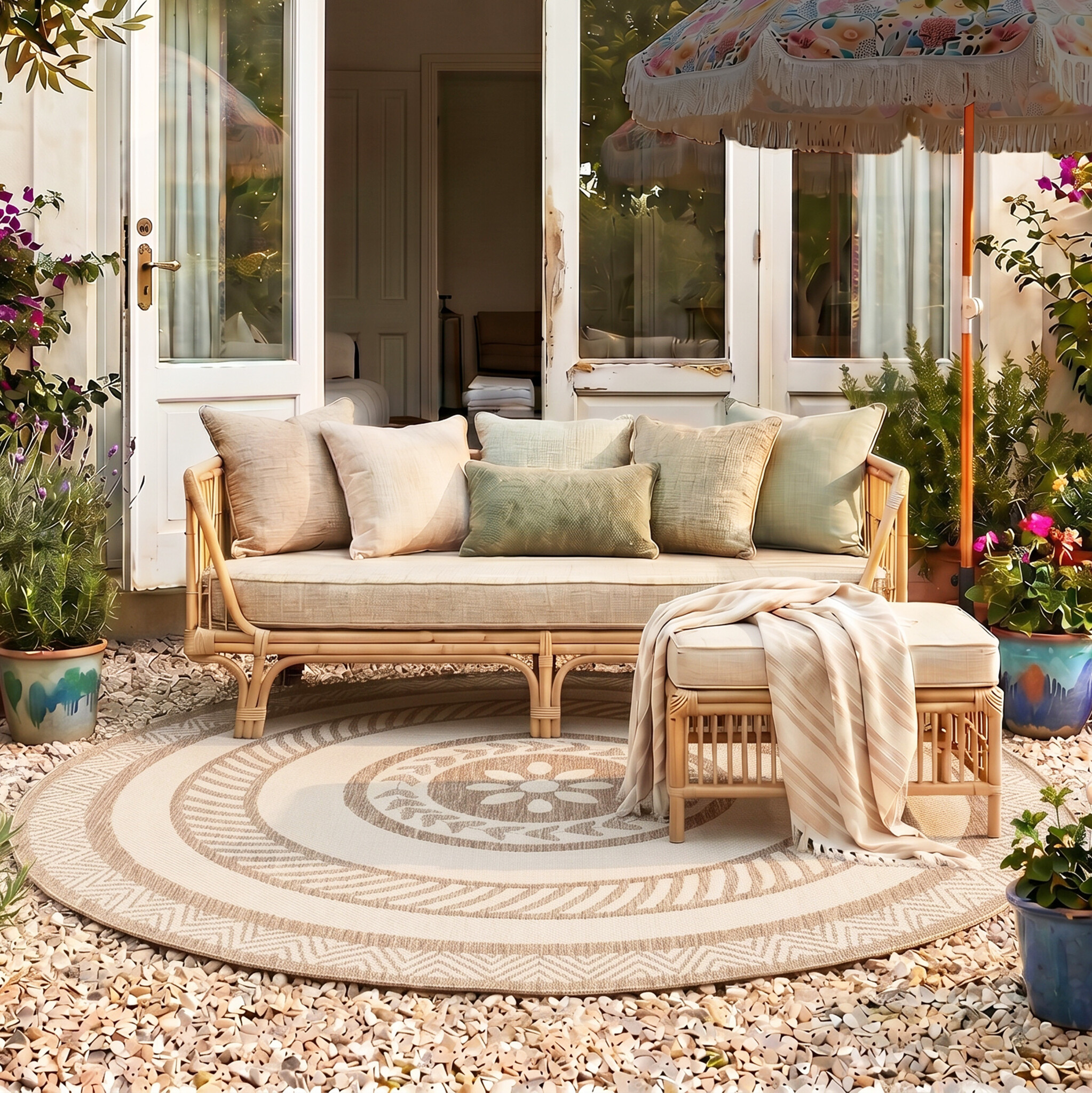 Rond jute buitenkleed - Nusa Medallion Beige/Creme