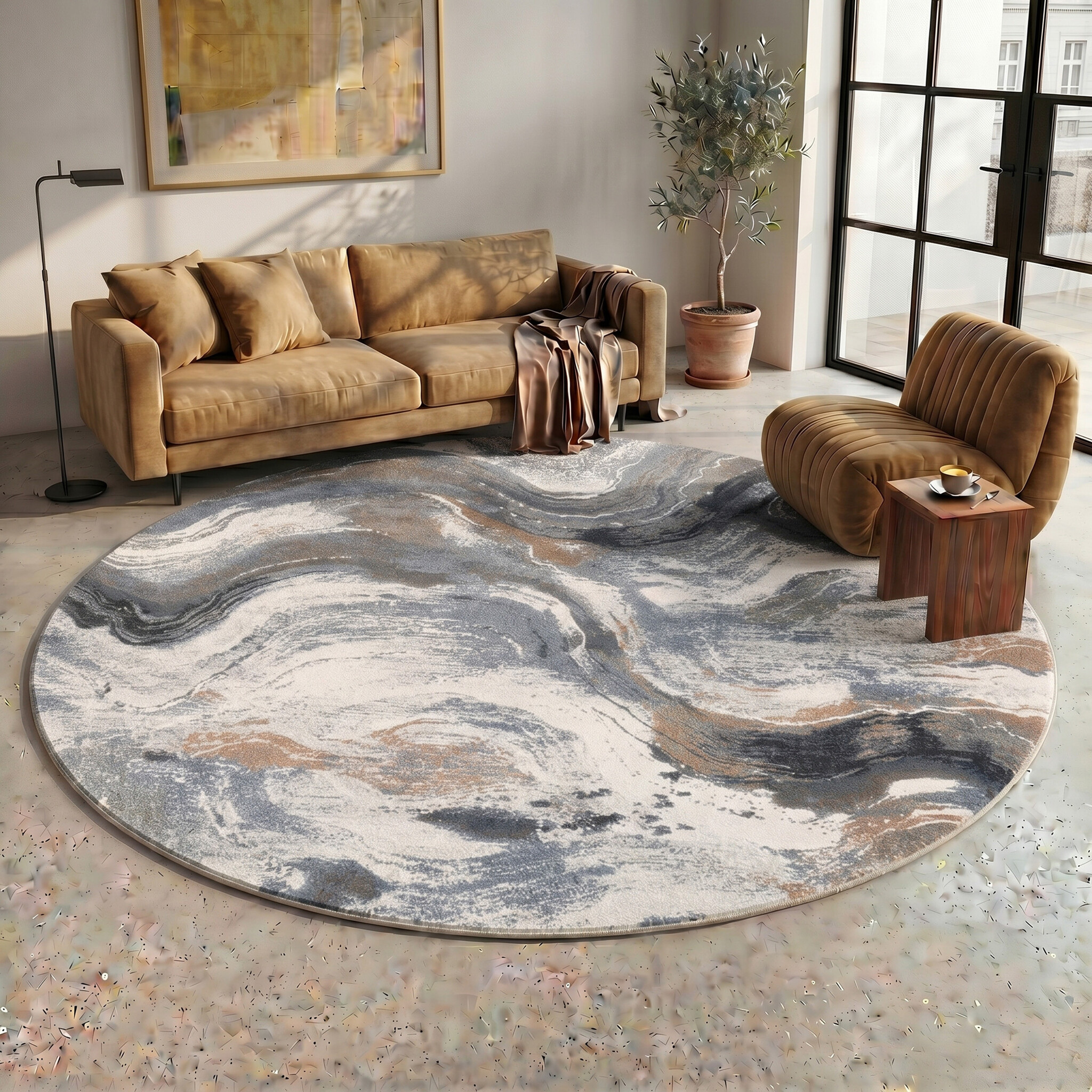 Rond abstract vloerkleed - Xavier Wave Blauw/Grijs