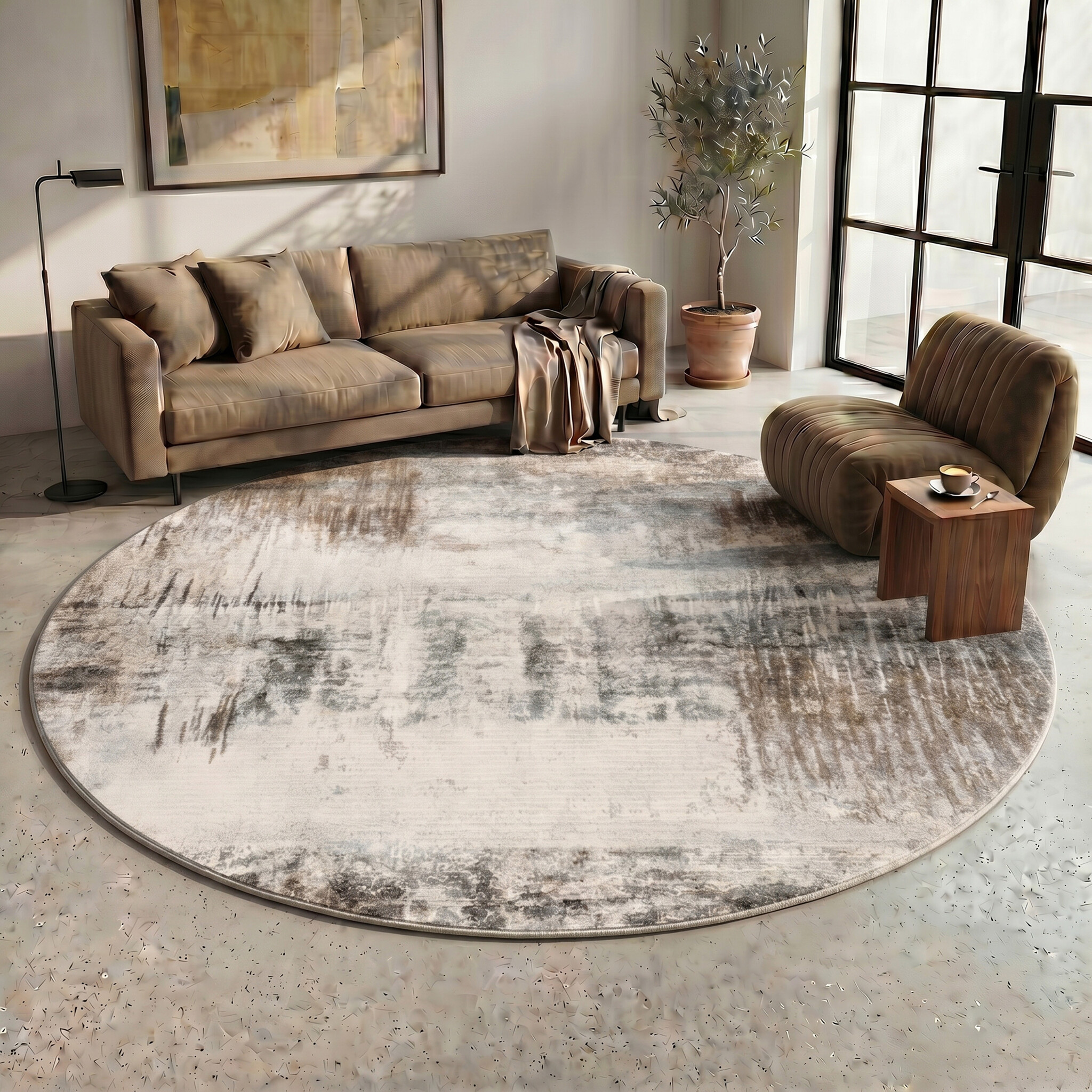 Rond abstract vloerkleed - Xavier Scratch Taupe/Grijs
