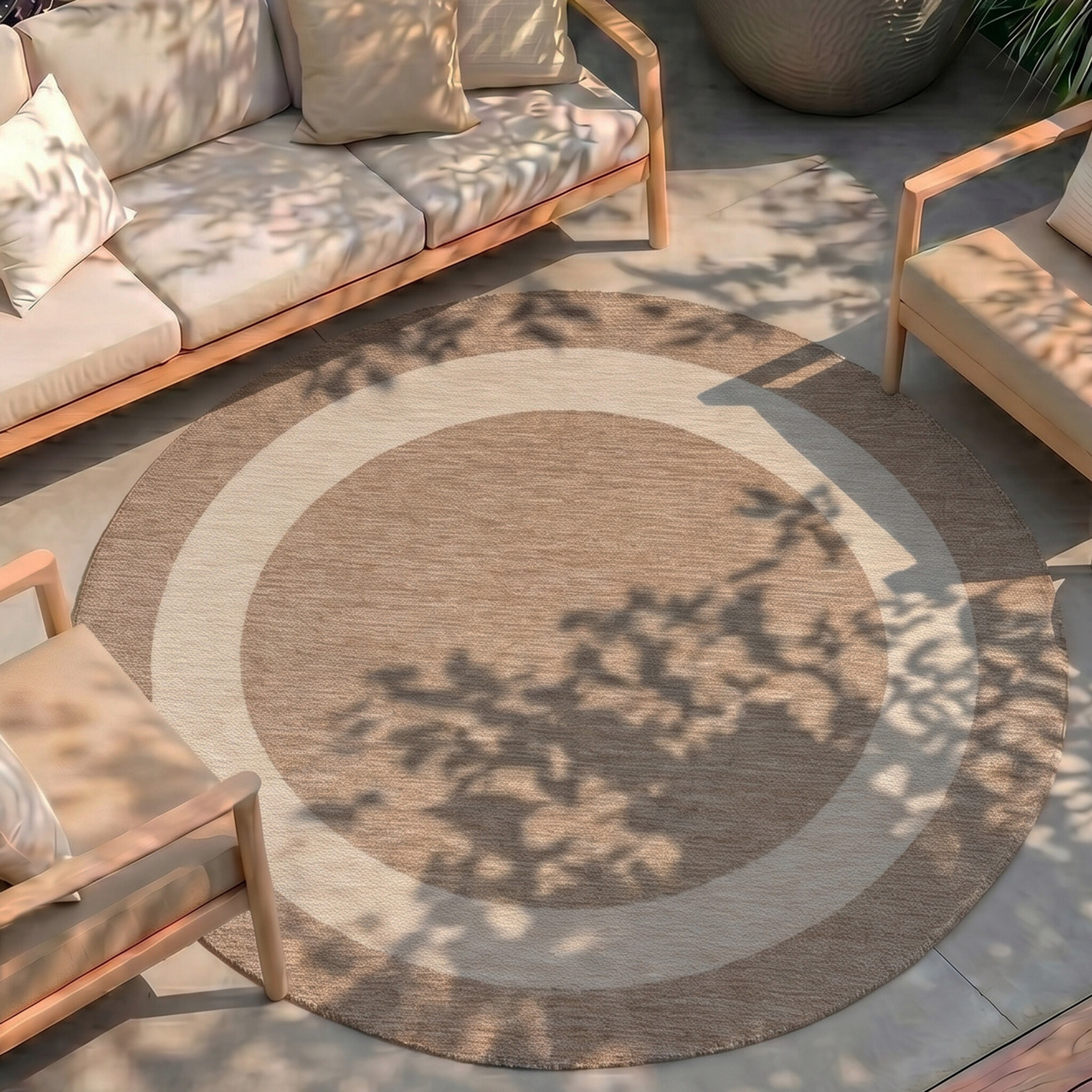 Rond In- & Outdoor vloerkleed - Sierra Border Beige/Creme
