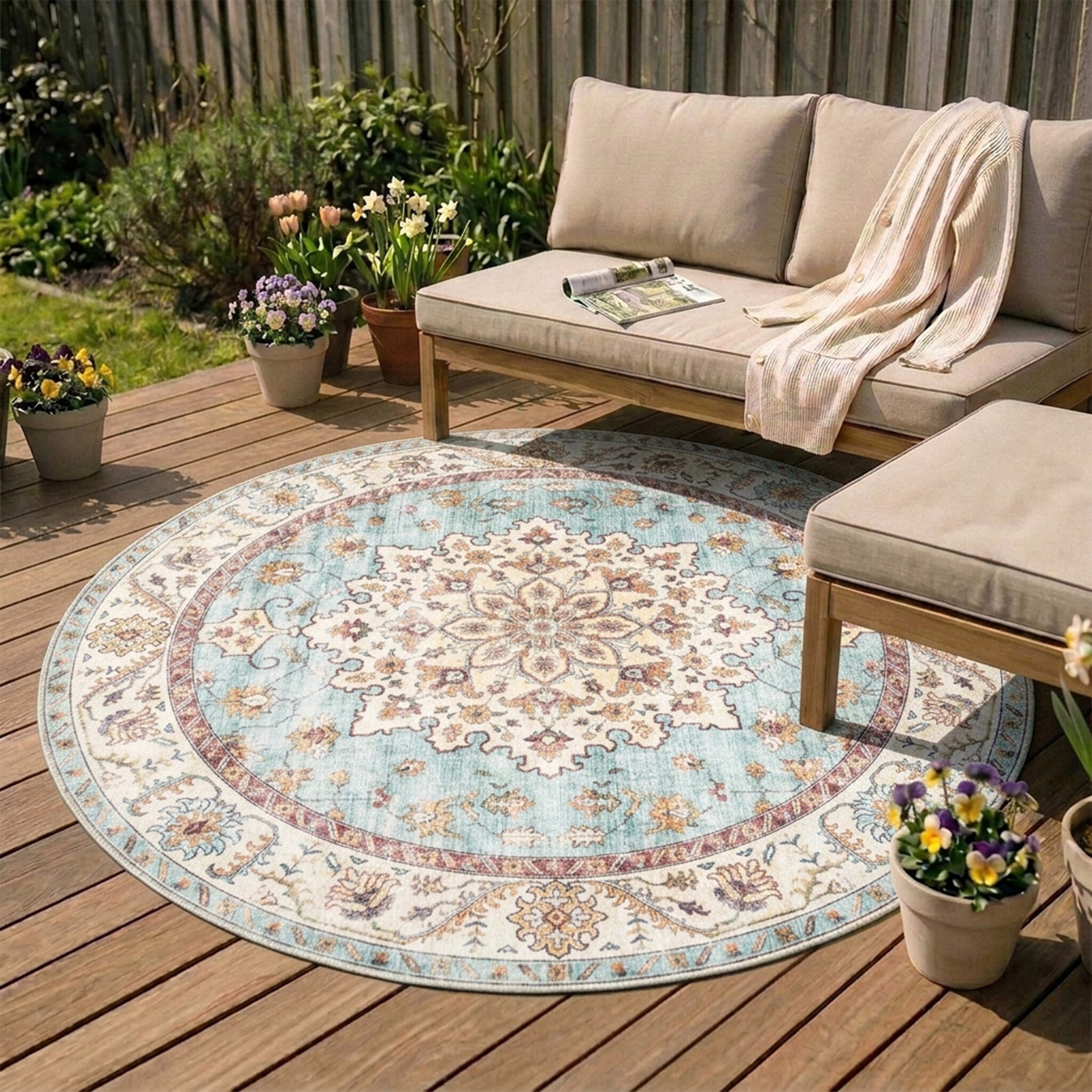 Rond vintage buitenkleed - Santo Medaillon Lichtblauw