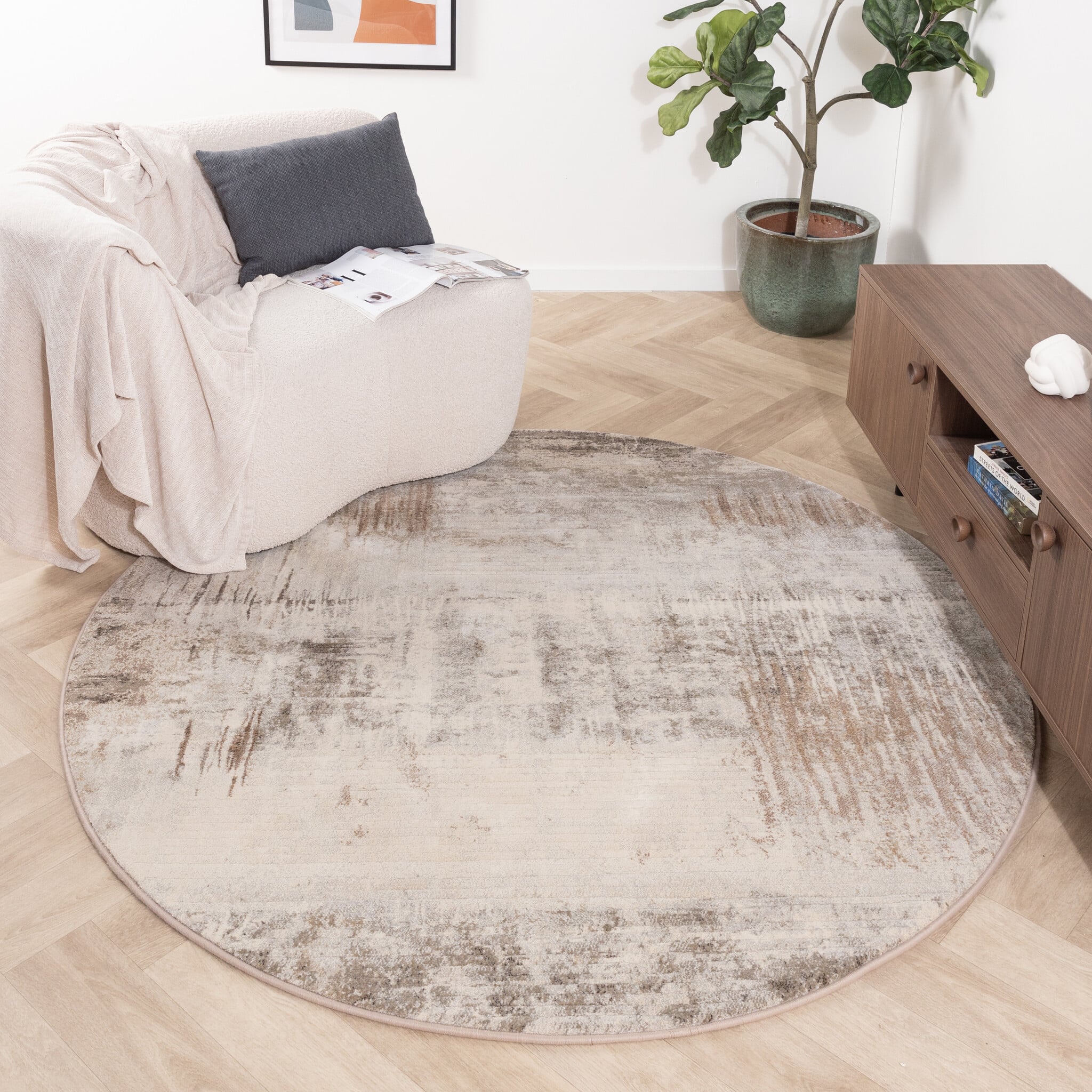 Rond abstract vloerkleed - Xavier Scratch Taupe/Grijs