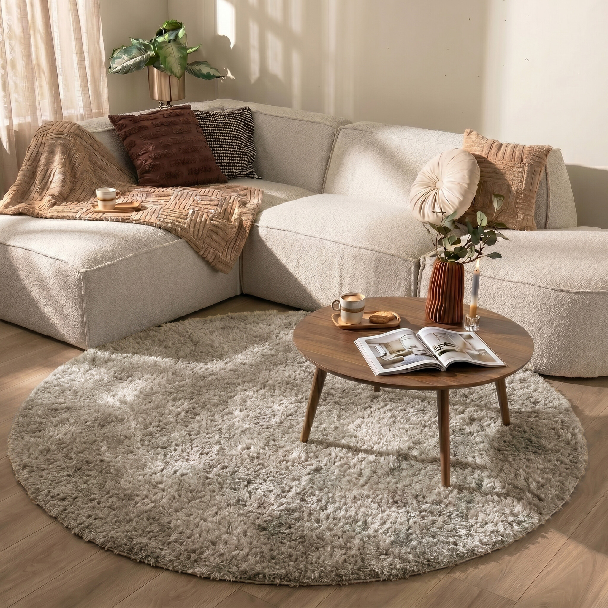 Rond Shaggy vloerkleed - Blaze Beige/Grijs