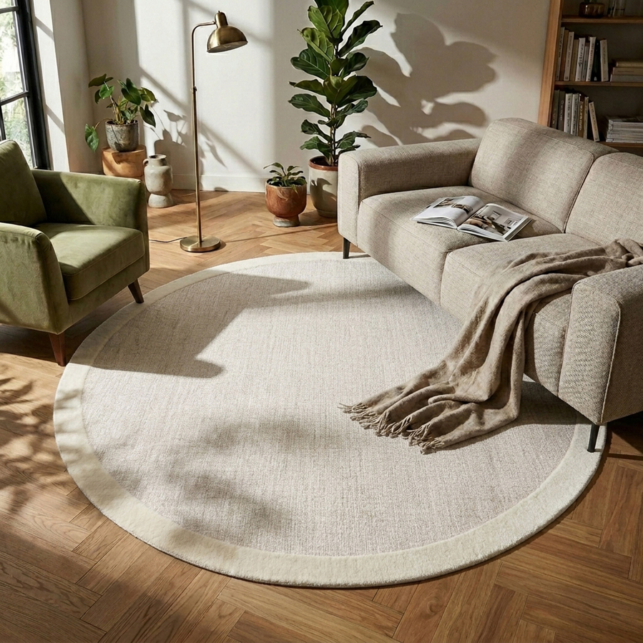 Rond vloerkleed laagpolig - Elena Border Beige
