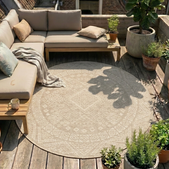 Rond jute buitenkleed - Atlas Aztec Bruin/Creme 