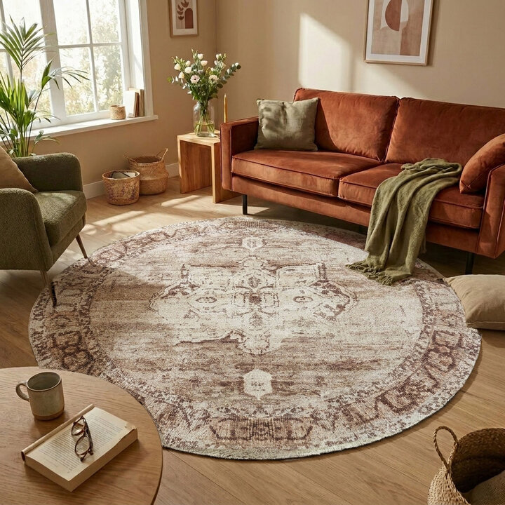 Rond vintage vloerkleed - Kyra Medaillon Bruin