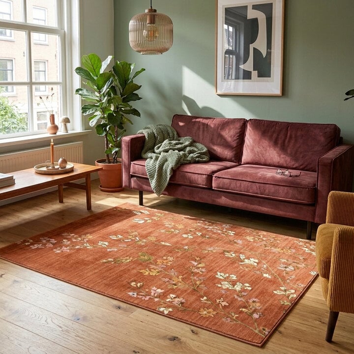 Wasbaar vloerkleed - Misty Floral Terracotta