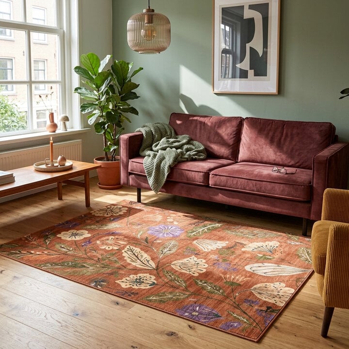 Wasbaar vloerkleed - Misty Flowers Terracotta