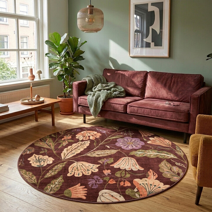 Rond wasbaar vloerkleed - Misty Flowers Bruin