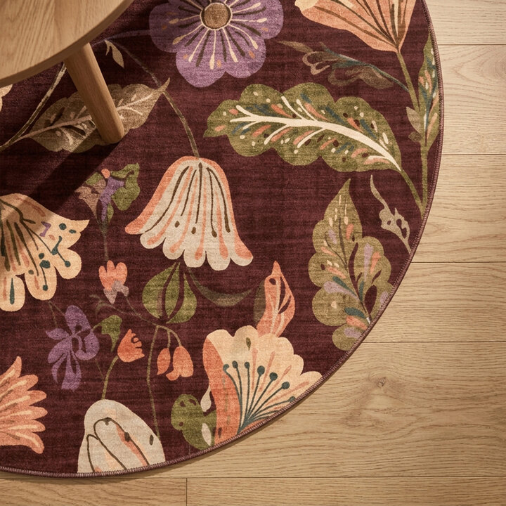 Rond wasbaar vloerkleed - Misty Flowers Bruin