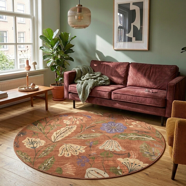 Rond wasbaar vloerkleed - Misty Flowers Terracotta