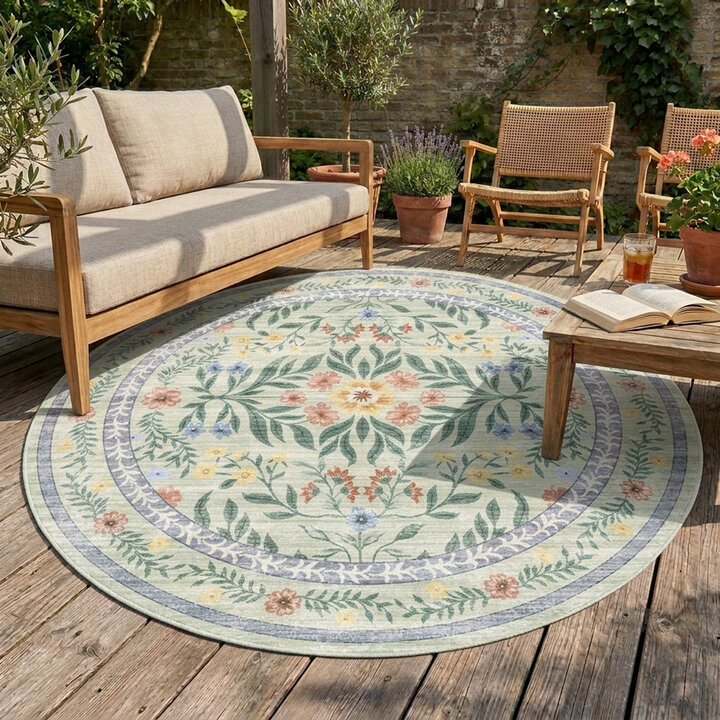 Rond vintage buitenkleed - Luana Donkergroen