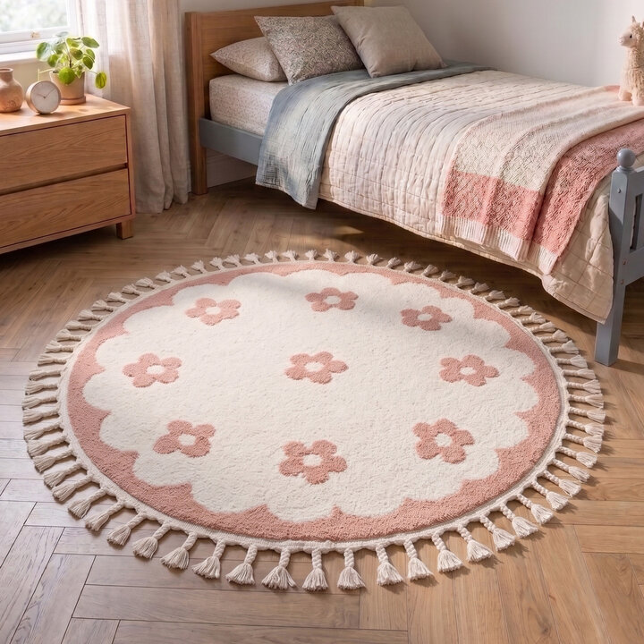 Rond wasbaar kindervloerkleed - Moos Flower Roze 