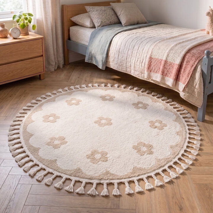 Rond wasbaar kindervloerkleed - Moos Flower Creme 