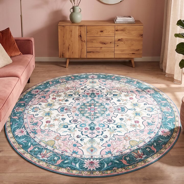 Rond vintage vloerkleed - Lily Oriental Blauw/Roze