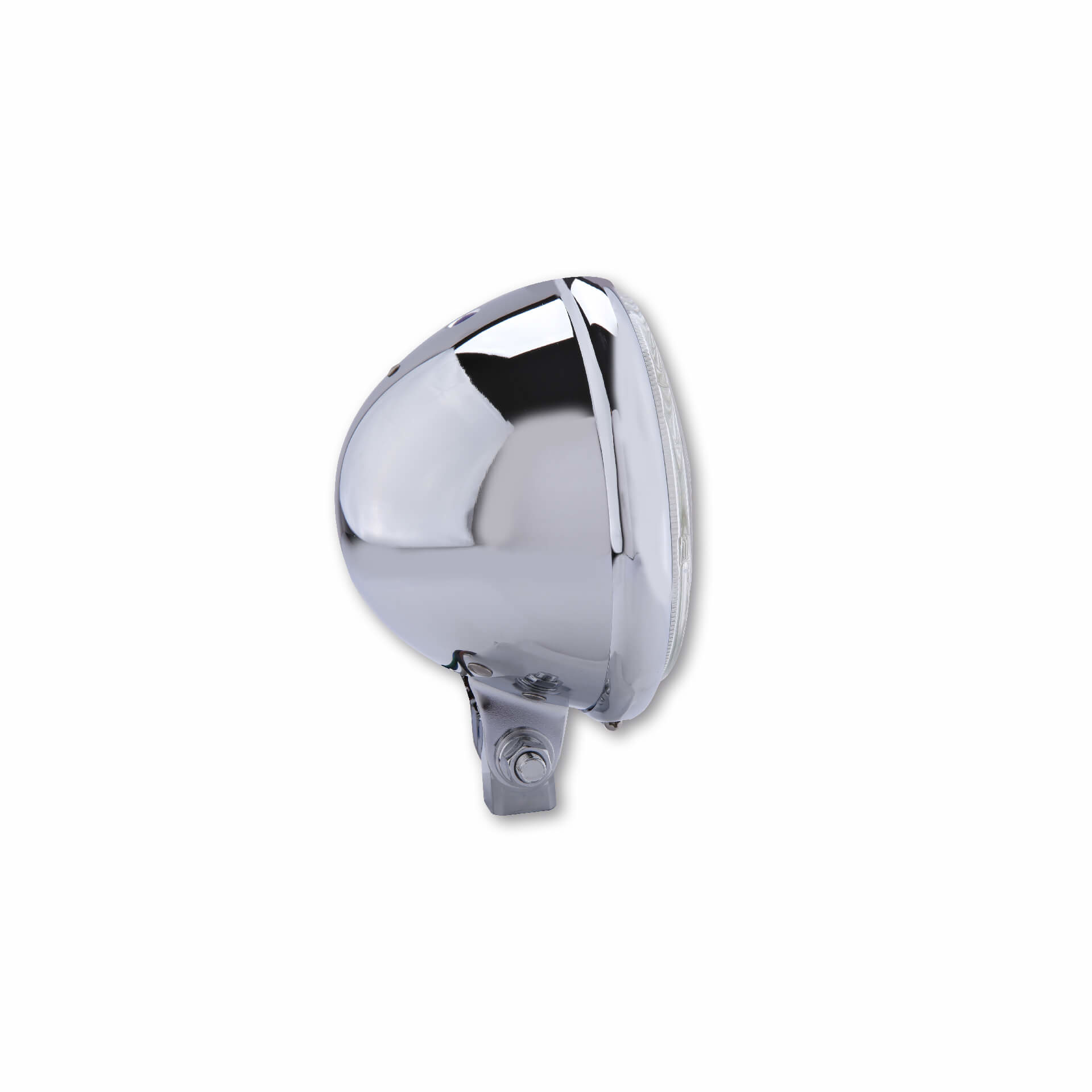 SHIN YO 5 3/4 Bates Style headlight, chrome, high beam indicator blue, H4 12V 60/55W, embossed glass, with side lights, lower mounting. E-call