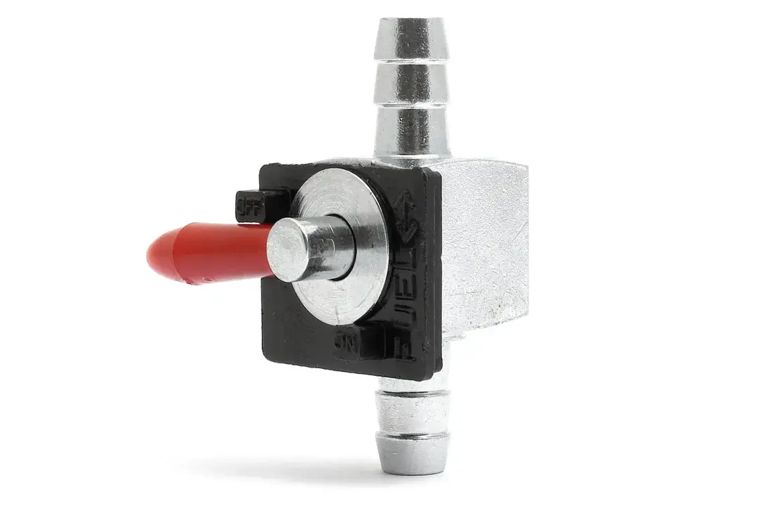 Mini-benzinekraan met rechte uitgang voor 5/16"-brandstofleidingen.