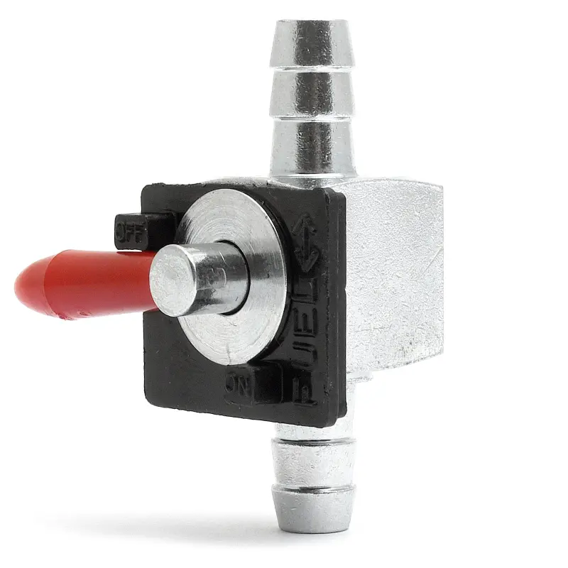 Mini petrol tap with straight outlet for 5/16" fuel lines.