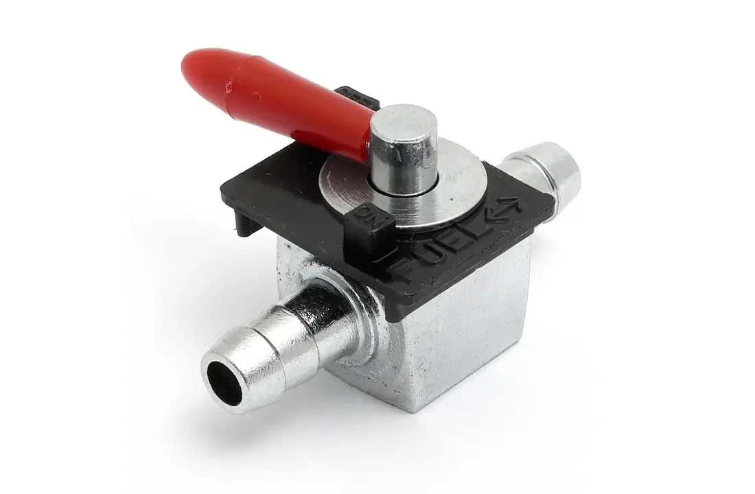 Mini petrol tap with straight outlet for 5/16" fuel lines.