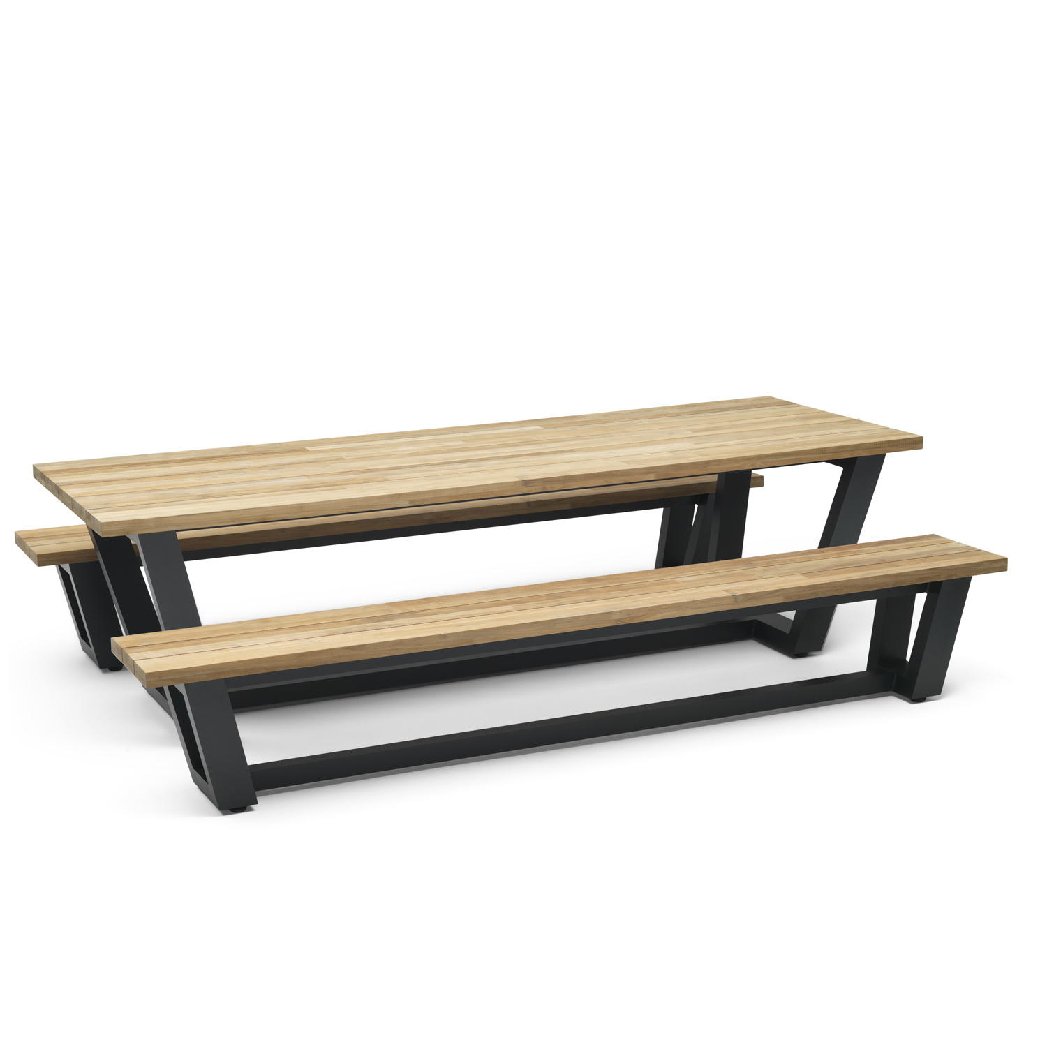 Wolfwood tuinmeubelen George teak tuintafel en twee George tuinbanken