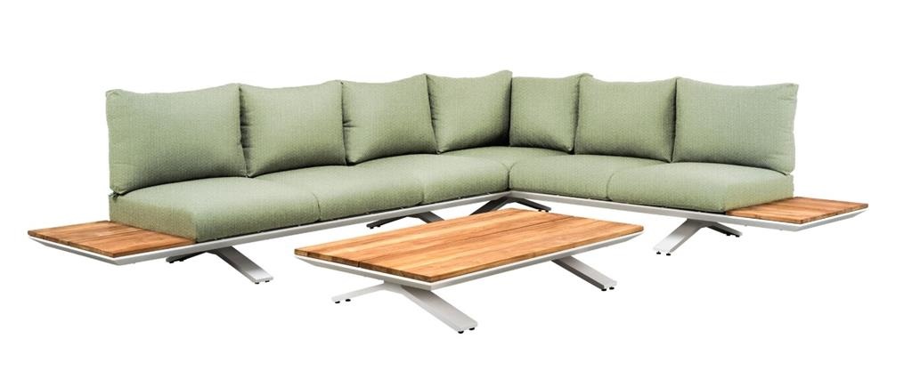 SUNS tuinmeubelen Stockholm loungeset | Mat wit | Soft green mixed weave | Opstelling 3