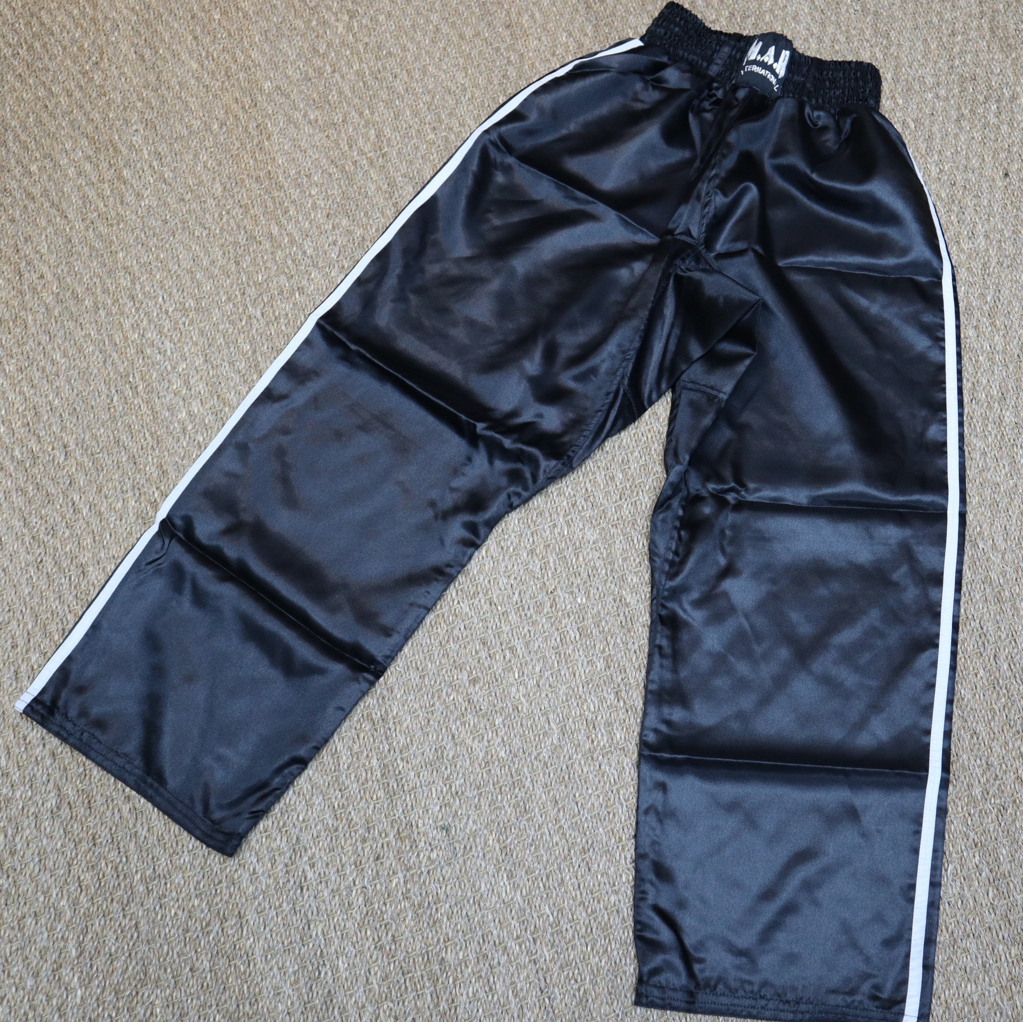 Comes with Woven Star Stripe Design M.A.R International Black Kickboxing/Karate Trousers with Polyester Silk Satin Fabric 