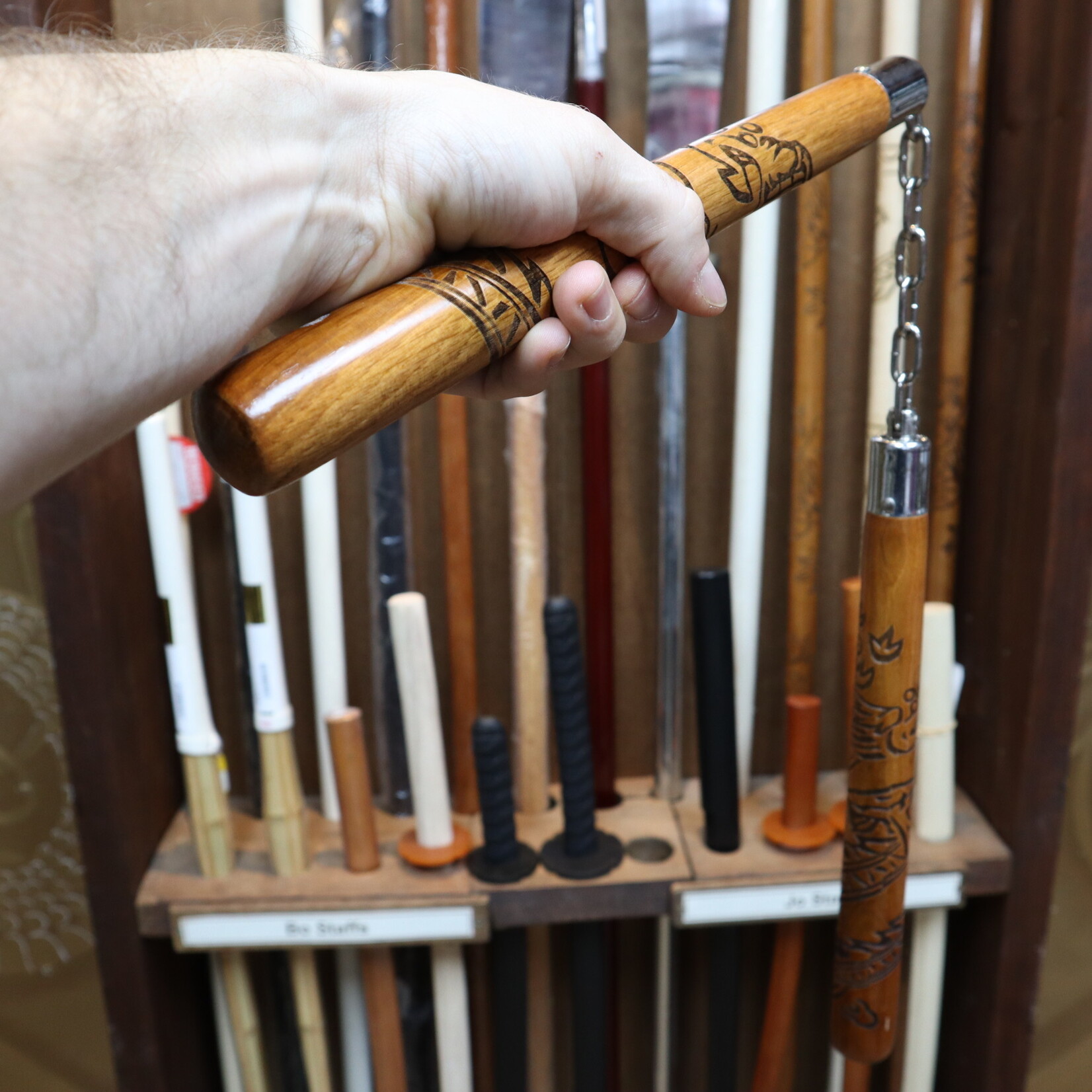 Red Oak Carved Dragon Nunchaku