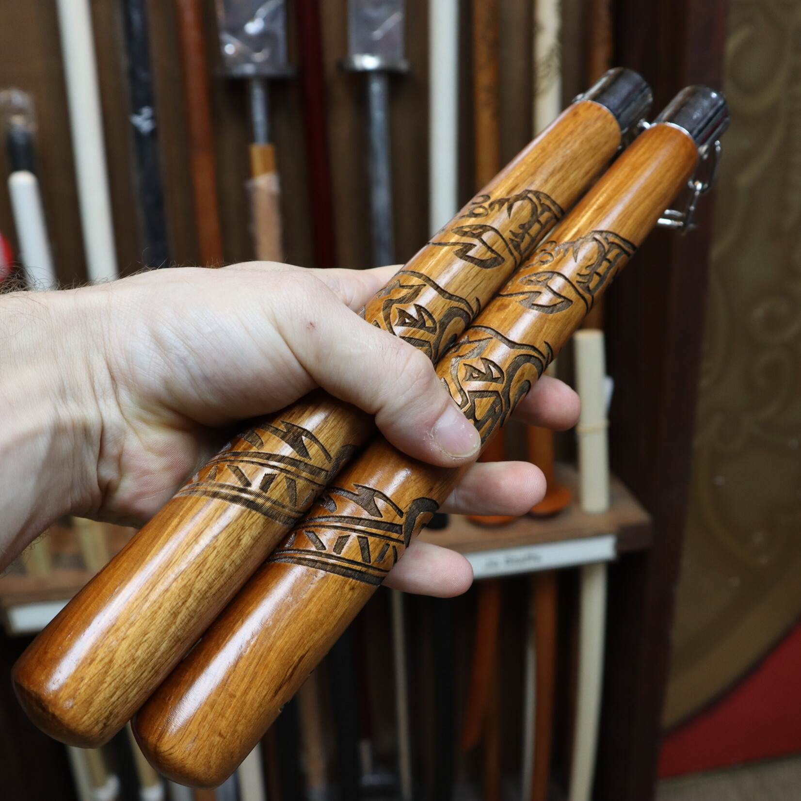 Red Oak Carved Dragon Nunchaku