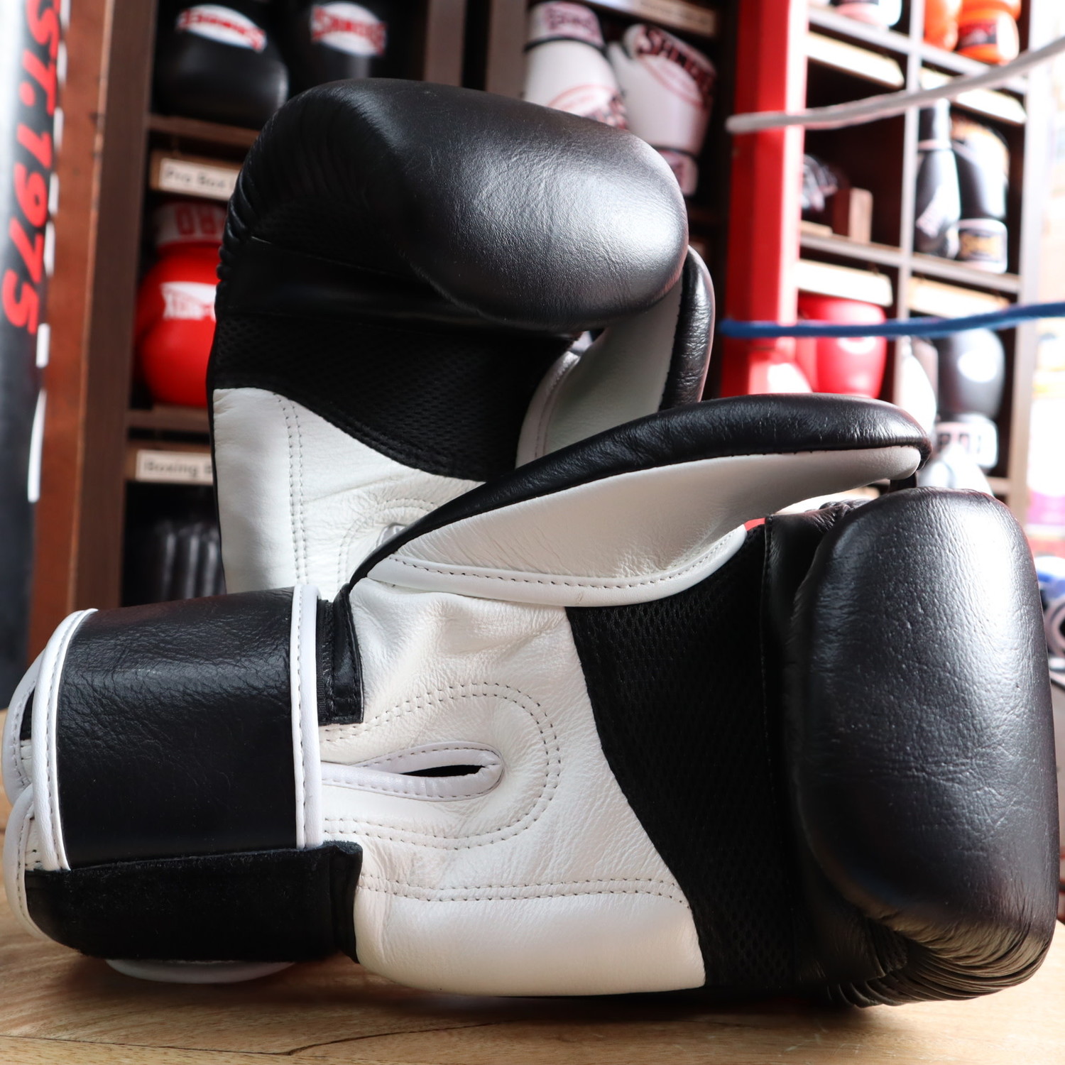 Sandee Boxing Gloves Leather Cool Tec design in Black & White Enso Martial Arts Shop Bristol