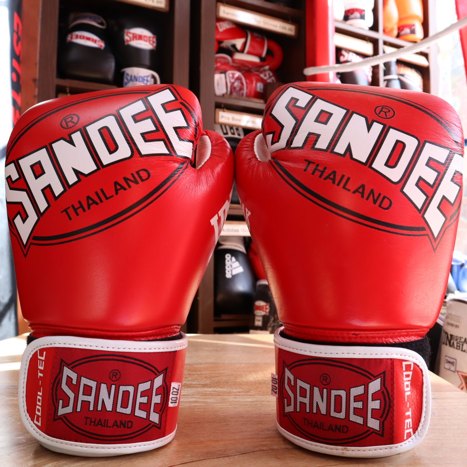 Sandee Boxing Gloves Leather Cool Tec design in Red & White Enso Martial Arts Shop Bristol