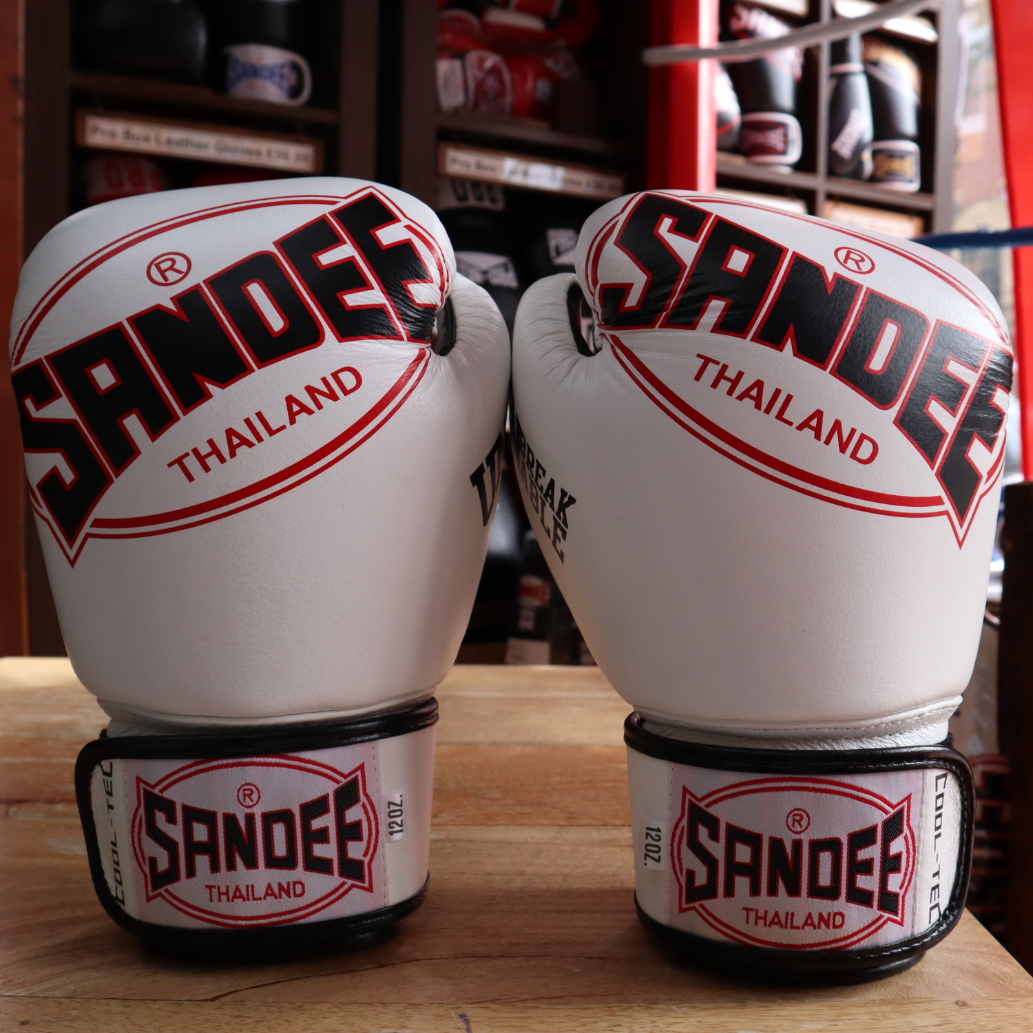 Sandee Boxing Gloves Leather Cool Tec design in White & Red Enso Martial Arts Shop Bristol