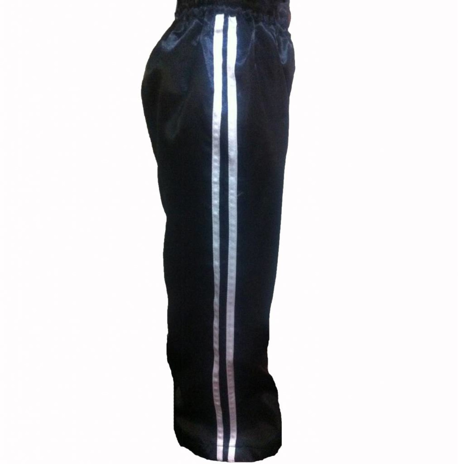 black kickboxing trousers satin with white stripes