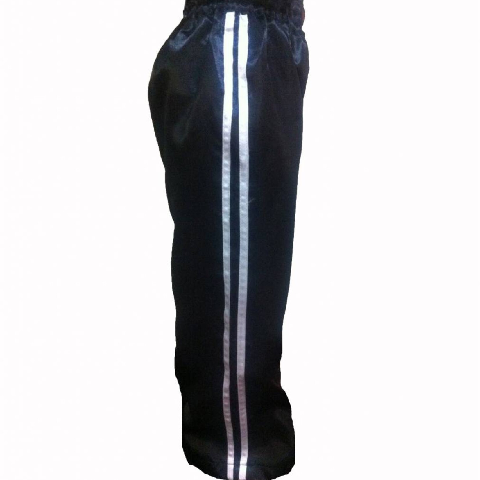 Black Kickboxing Trousers Satin with White Stripes - Enso Black Kickboxing Trousers Satin with White Stripes - Enso