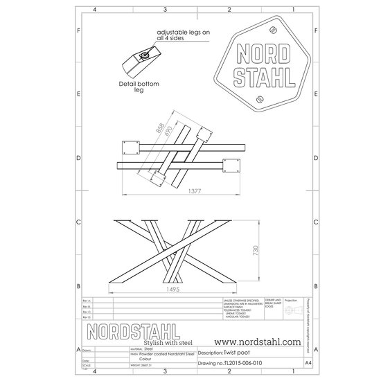 Nordstahl Industrieel tafelonderstel Tafelpoot Twist leg WIT