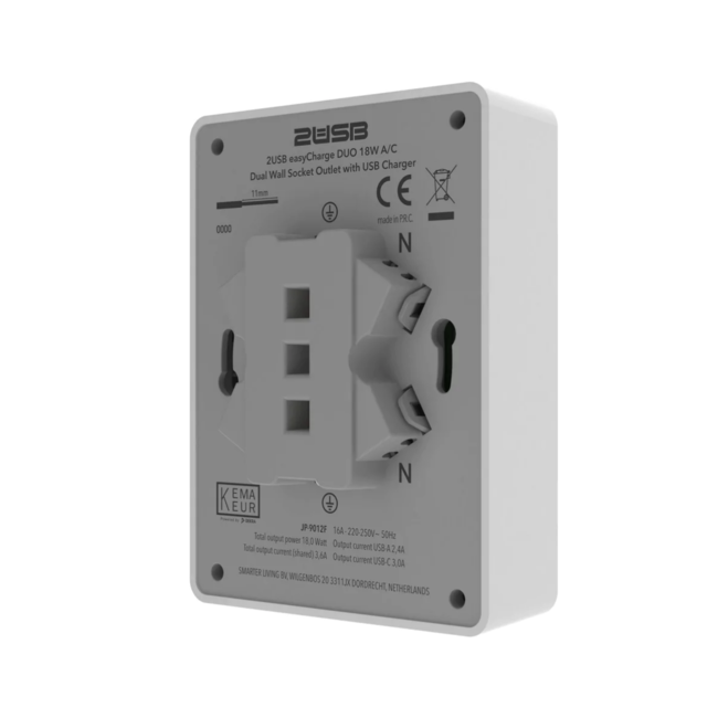 Doppelsteckdose mit USB A + C EasyCharge 18W/3A | Glänzend Weiß