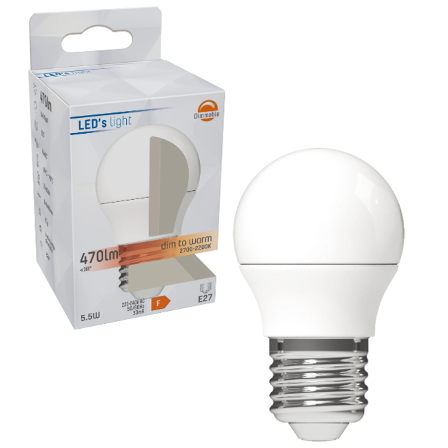 DimToWarm LED Lamp E27 - Opaal - Dimbaar naar extra warm wit - 5W (40W) - G45 Kogel