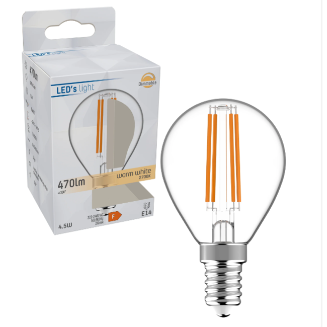 ProDim Lampe à filament LED E14 - Transparente - Lumière blanche chaude graduable - G45 - 4.5W (40W)