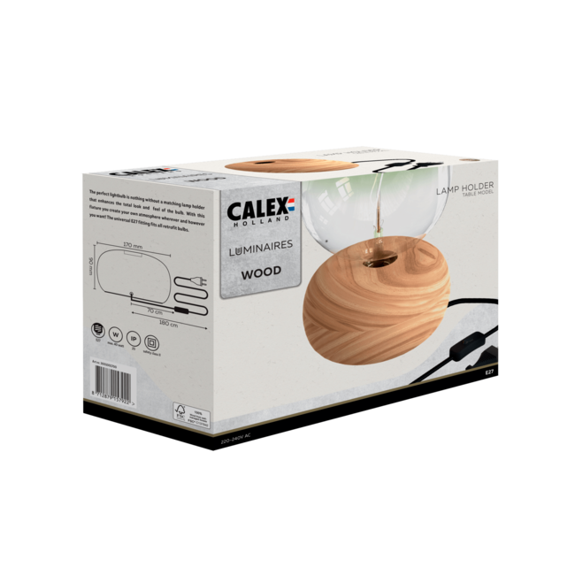 Calex Tafellamp Hout FSC 100% dia 170 mm 180cm zwart stof kabel aan/uit