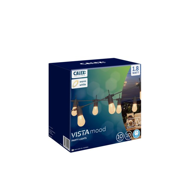 Calex Vibey Party Light string 100 – 240V 10 lamps (ST45) Clear 1.8W string 10 mtr with 80cm space V W lm K
