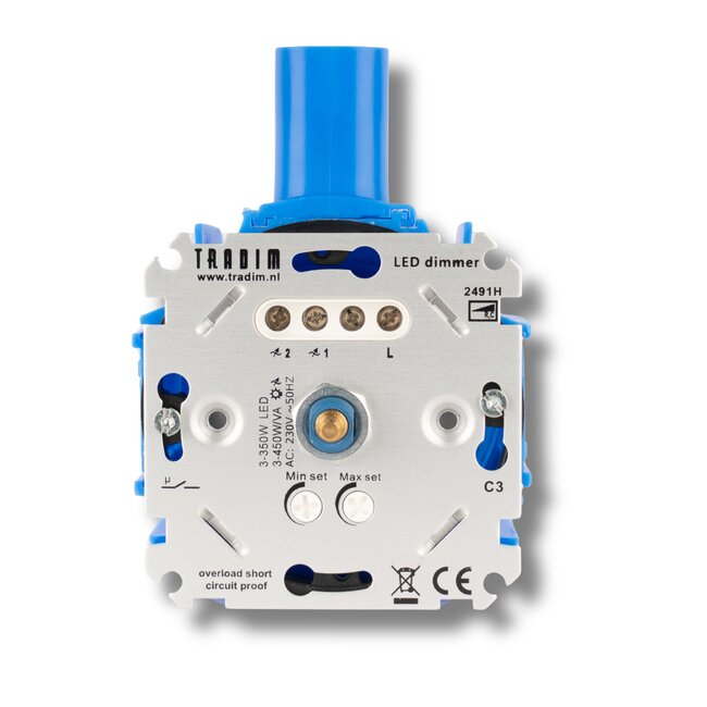 Wall Dimmer for Multiple Lamps and High Loads up to 350W LED and 450W/VA - No Neutral Wire Required - Ideal for Homes, Offices and Hospitality | Tradim 2491H