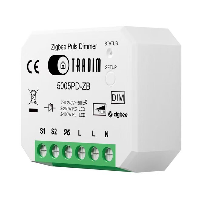 Tradim 5005PD-ZB Zigbee pulsdimmer voor LED verlichting tot 250W – ultra compacte smart dimmer puck voor inbouw achter schakelaar