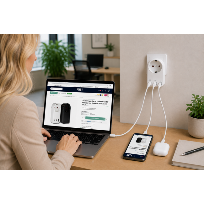 Tradim Triple Charge Elite 65W USB-C snellader met 3 poorten zwart of wit
