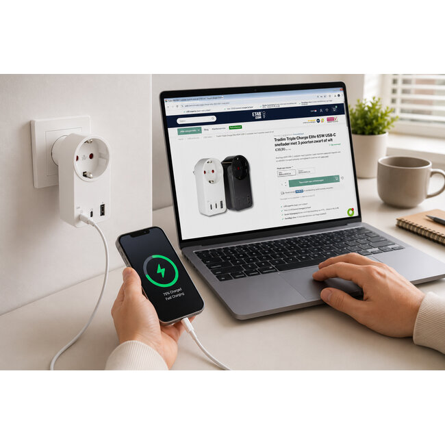 Tradim Triple Charge Elite 65W USB-C snellader met 3 poorten zwart of wit