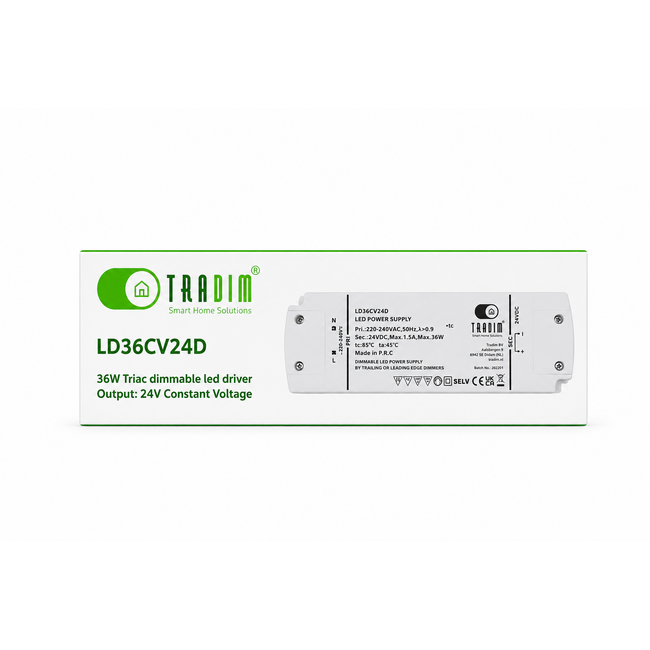 Tradim LD36CV24D dimmable 24V Constant Voltage LED Driver 36W for 24V LED strips and LED lamps