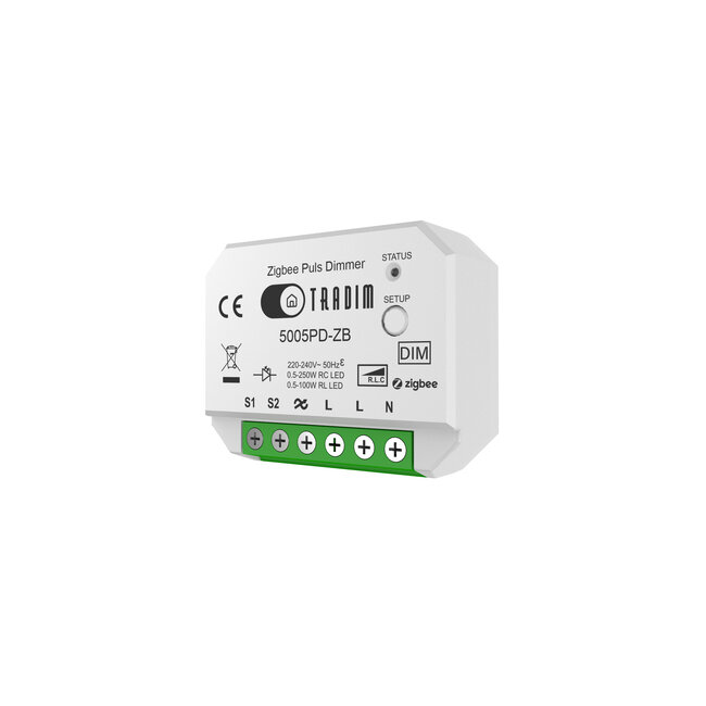Tradim 5005PD-ZB Zigbee pulsdimmer voor LED verlichting tot 250W – ultra compacte smart dimmer puck voor inbouw achter schakelaar