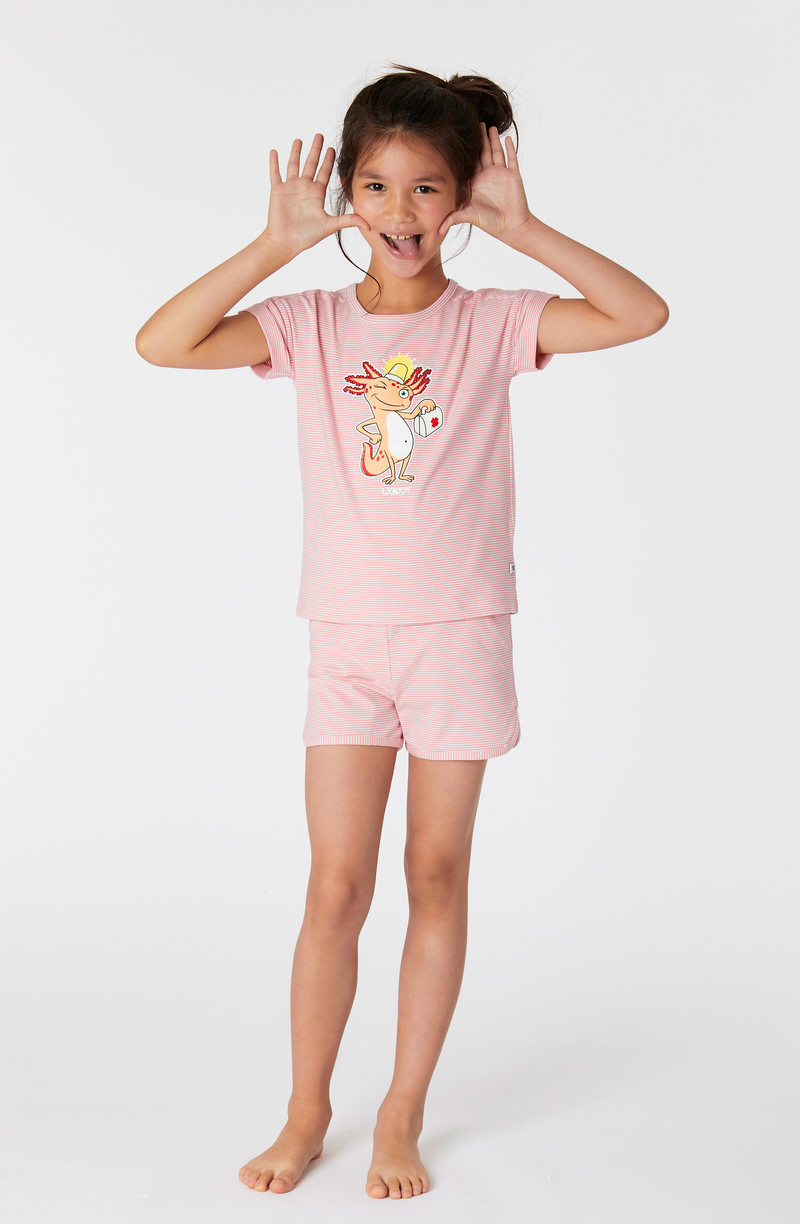 Woody Meisjes-Dames Pyjama, wit-roze  gestreept