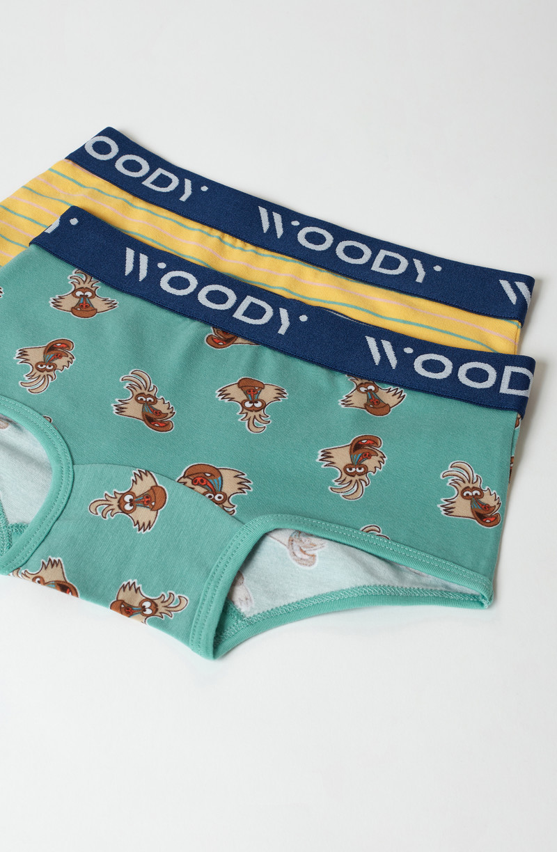 Woody Meisjes Boxer, duopack zeegroen mandril  + mosterdgeel fijn