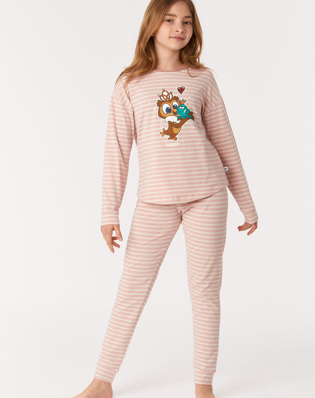 Woody Meisjes-Dames Pyjama, oudroze-gebroken wit gestreept